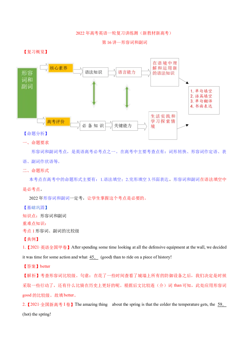专题16形容词和副词-第16讲-形容词和副词---2022年高考英语一轮复习讲练测（新教材新高考）（讲）（教师版）_03高考英语_新高考复习资料_2022年新高考资料_2022年新高考英语一轮复习