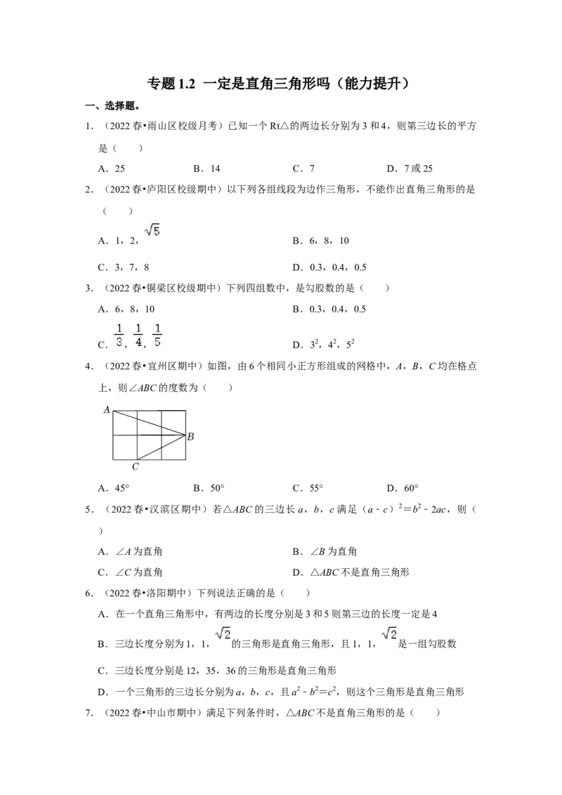 专题1.2一定是直角三角形吗（能力提升）-2022-2023学年八年级数学上册《同步考点解读&bull;专题训练》（北师大版）_北师大初中数学_8上-北师大版初中数学_旧版_06专项讲练