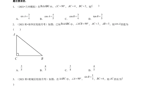 专题1.1锐角三角函数-九年级数学下册尖子生同步培优题典（原卷版）北师大版_北师大初中数学_9下-北师大版初中数学_05习题试卷_1课时练习_同步练习（第1套）