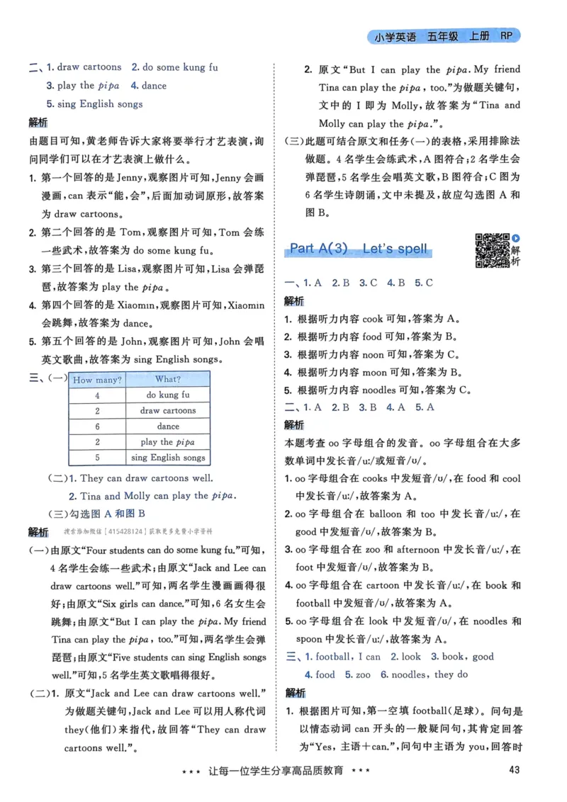 五年级英语上册人教PEP版24秋《53天天练》答案解析_26春四年级上下册人教版_四上英语合集人教版PEP英语四年级上册新教材（教学视频+课件+动画+音频+练习+教案）_17练习资料