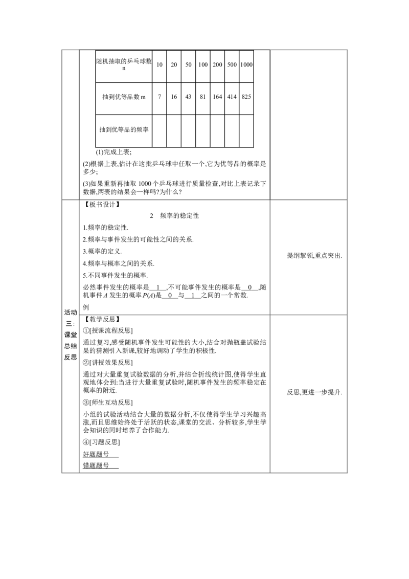 3.2频率的稳定性教案（表格式）2024-2025学年北师大版数学七年级下册_北师大初中数学_7下-北师大版初中数学_7下-初中数学北师大版（2025春季新版）持续更新_3.教案(多套)_教案（第1套）