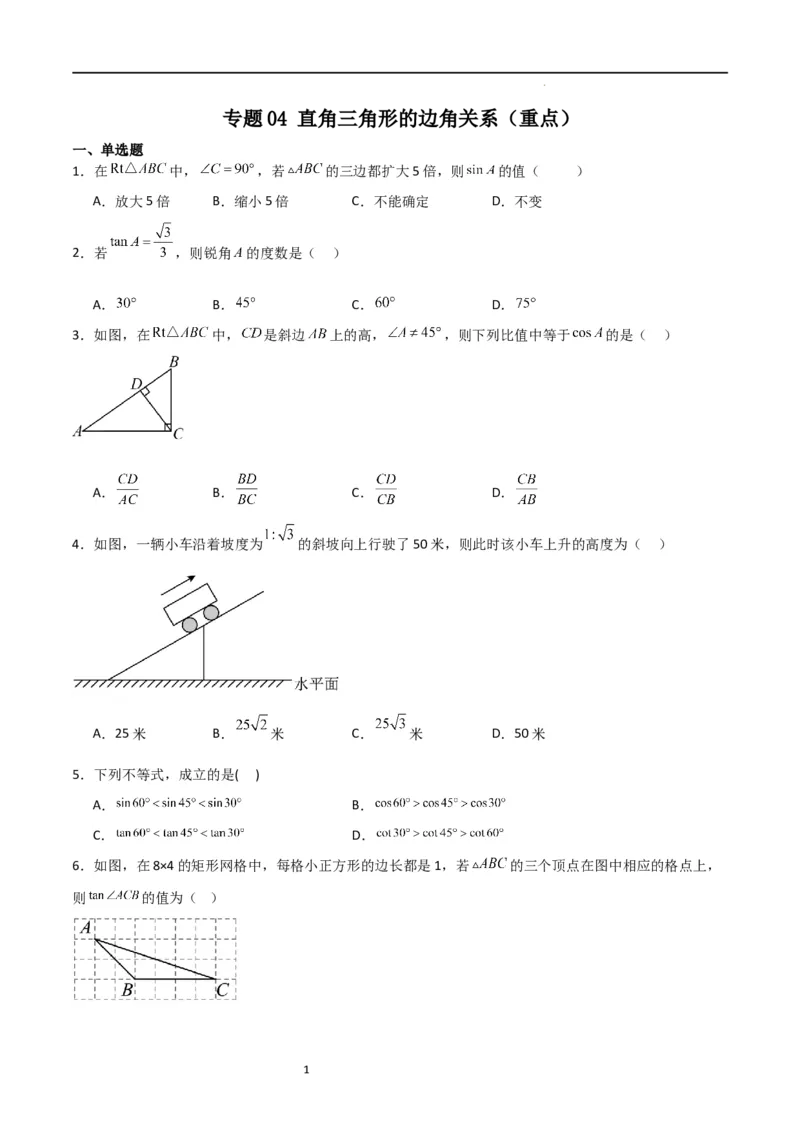 专题04直角三角形的边角关系（重点）（原卷版）_北师大初中数学_9下-北师大版初中数学_05习题试卷_4专题练习_第2套