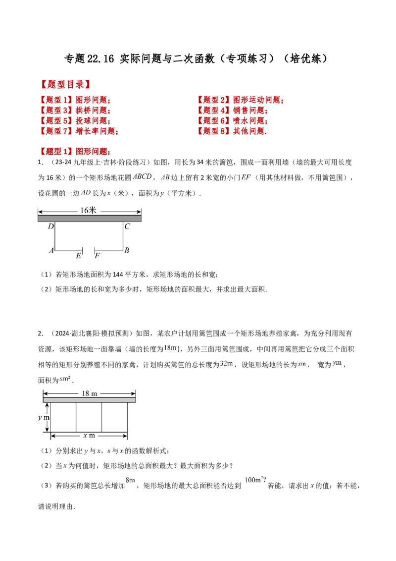 专题22.16实际问题与二次函数（专项练习）（培优练）-（人教版）_初中数学_九年级数学上册（人教版）_专题突破练习-V4_2025版