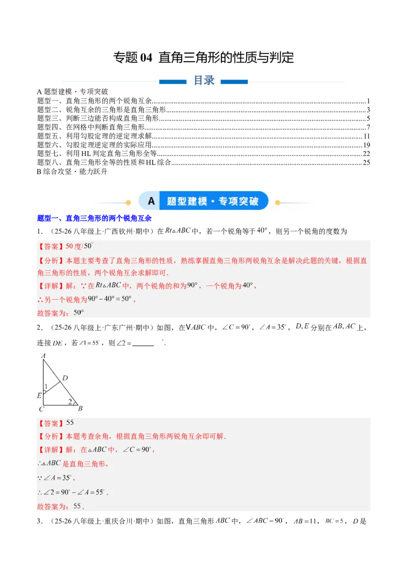 专题04直角三角形的性质与判定（8大题型）（专项训练）（解析版）_北师大初中数学_8下-北师大版初中数学_2026春新版_第二套-东方_02.北师大数学8下试题+复习26春_专项训练