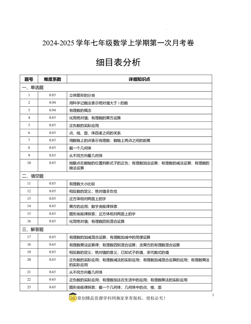 七年级数学第一次月考卷（北师大版2024）（细目表分析）A4版_北师大初中数学_7上-北师大版初中数学_7上-初中数学北师大（2024新版）持续更新_06习题试卷_月考试卷