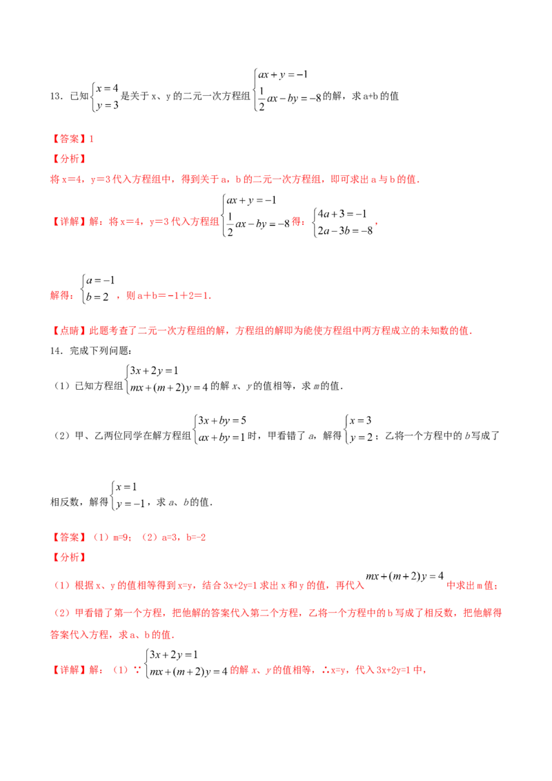 专题09：二元一次方程组（1）（解析版）-2020-2021学年八年级数学上册基础考点专题培优训练+重要题型小专题（北师大版）_北师大初中数学_8上-北师大版初中数学_旧版_06专项讲练