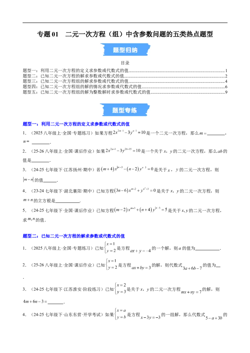 专题01二元一次方程（组）中含参数问题的五类热点题型（高效培优专项训练）数学北师大版八年级上册（原卷版）_北师大初中数学_8上-北师大版初中数学_初中数学北师大8上-2025秋季新版