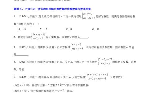 专题01二元一次方程（组）中含参数问题的五类热点题型（高效培优专项训练）数学北师大版八年级上册（原卷版）_北师大初中数学_8上-北师大版初中数学_初中数学北师大8上-2025秋季新版