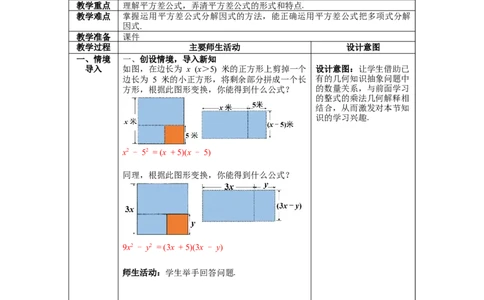 4.3第1课时平方差公式教案_北师大初中数学_8下-北师大版初中数学_旧版-可参考_01课件+教案+学案新课标_教案_4.BS八下第四章因式分解