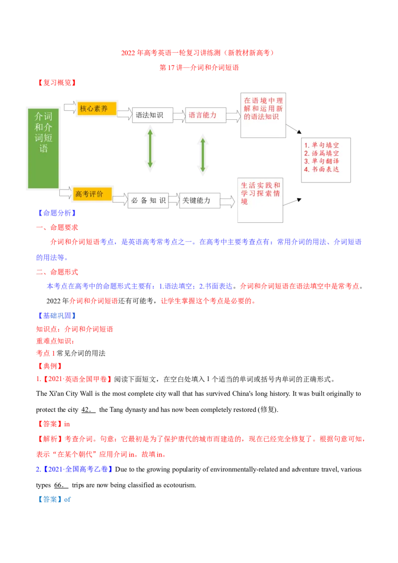 专题17介词和介词短语-第17讲-介词和介词短语---2022年高考英语一轮复习讲练测（新教材新高考）（讲）（教师版）_03高考英语_新高考复习资料_2022年新高考资料