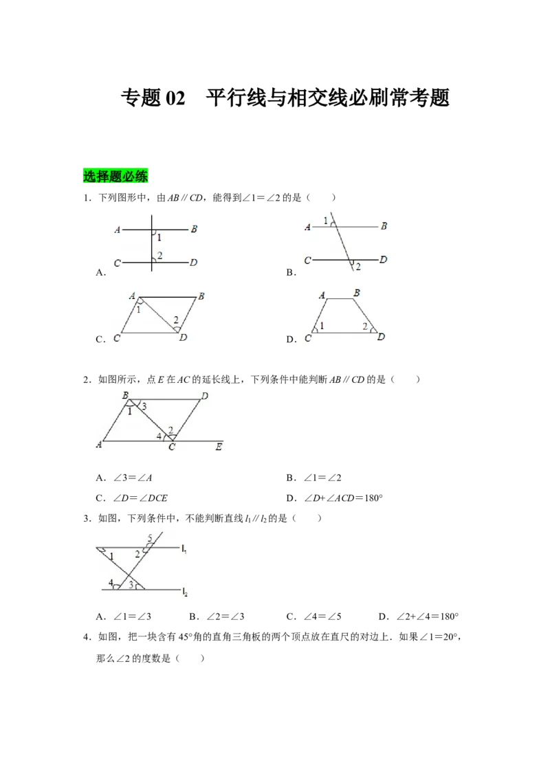 专题02平行线与相交线必刷常考题-七年级数学下学期期末冲刺满分必刷常考压轴题（北师大版）_北师大初中数学_7下-北师大版初中数学_7下-初中数学北师大版（旧版）赠送_06专项讲练