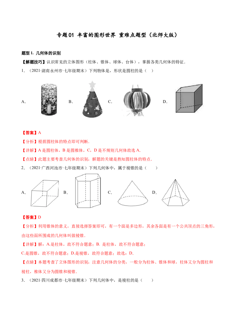 专题01丰富的图形世界重难点题型-2022-2023学年七年级数学上册重难题型全归纳及技巧提升专项精练（北师大版）（解析版）_北师大初中数学_7上-北师大版初中数学_06专项讲练