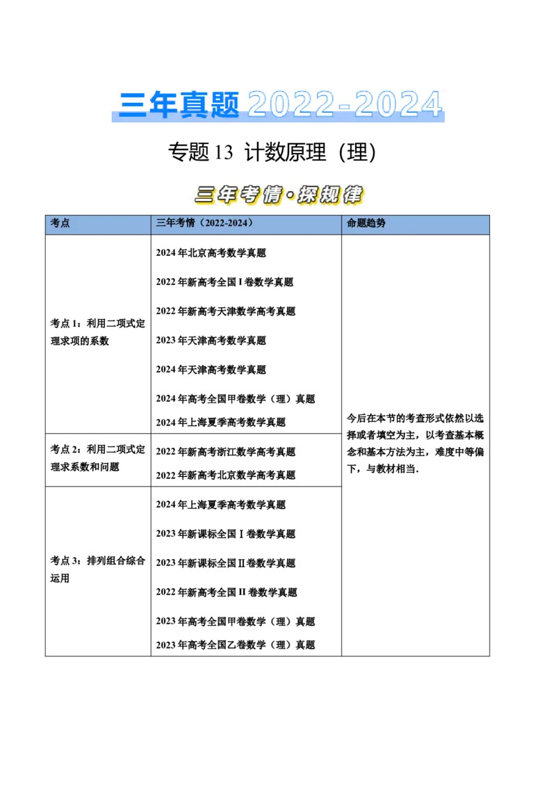 专题13计数原理（理）（三大考点）（解析版）_02高考数学_2025年新高考资料_专项复习_三年（2022-2024）高考数学真题分类汇编（全国通用）（完结）