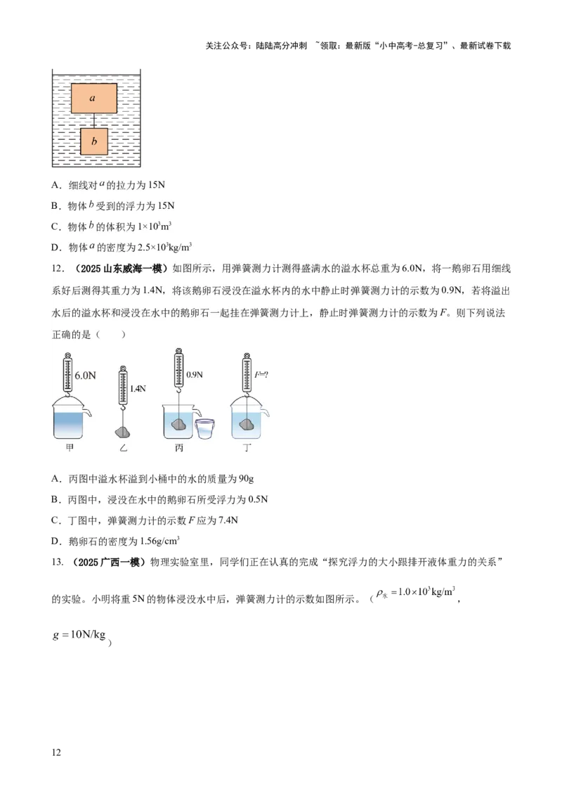 专题07浮力的四种计算方法（原卷版）_02中考总复习（2026版更新中）_04-物理-中考总复习_2025年中考复习资料_2025年中考物理答题方法模板
