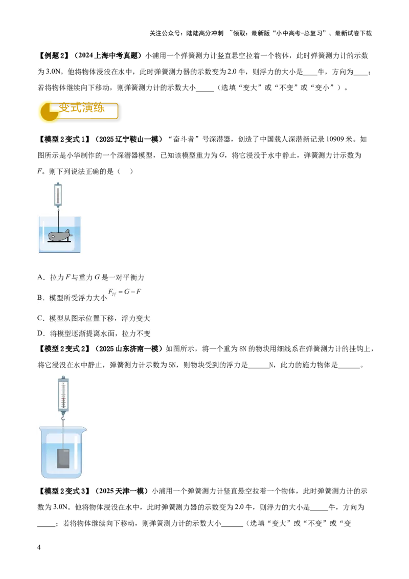 专题07浮力的四种计算方法（原卷版）_02中考总复习（2026版更新中）_04-物理-中考总复习_2025年中考复习资料_2025年中考物理答题方法模板