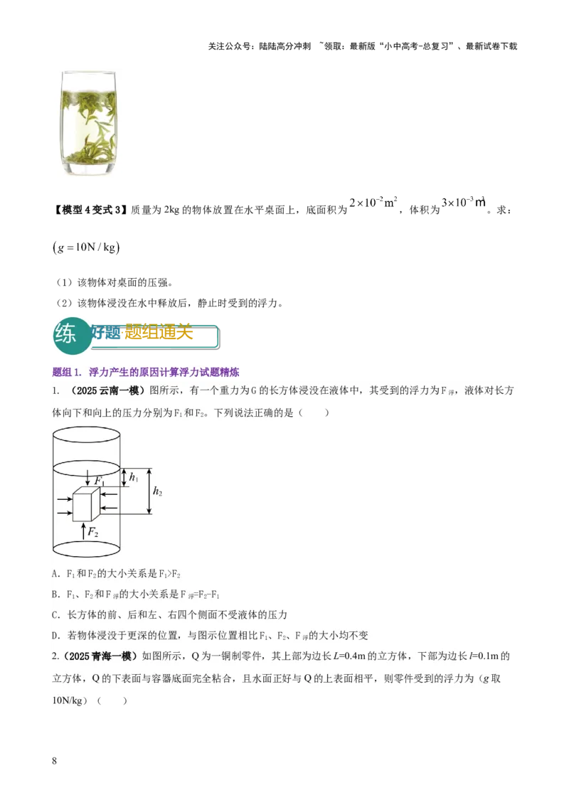 专题07浮力的四种计算方法（原卷版）_02中考总复习（2026版更新中）_04-物理-中考总复习_2025年中考复习资料_2025年中考物理答题方法模板