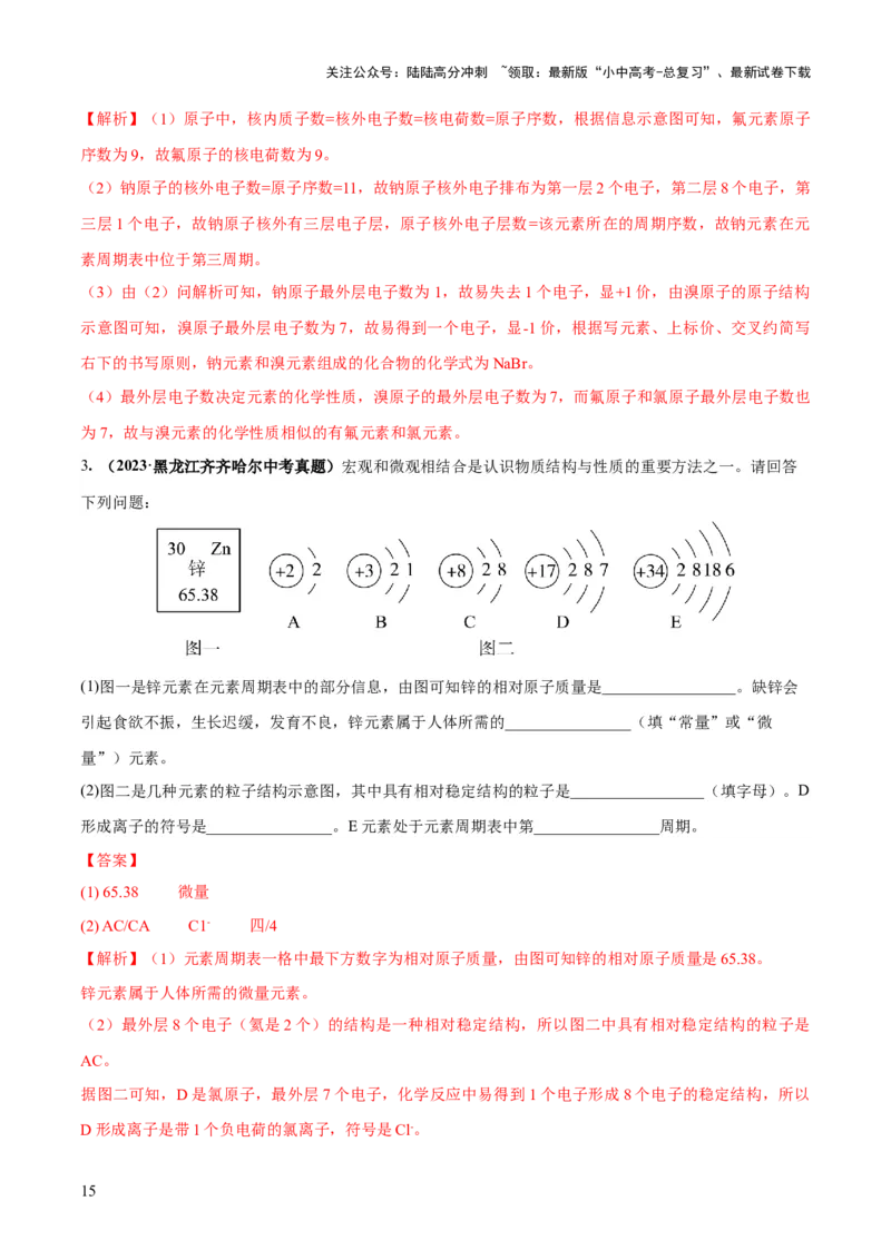 专题09构成物质的微粒元素（练习）-2024年中考化学一轮复习讲练测（全国通用）（解析版）_02中考总复习（2026版更新中）_05-化学-中考总复习_2024年中考复习资料_一轮复习资料