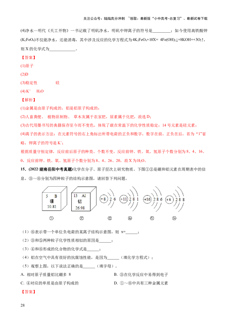 专题09构成物质的微粒元素（练习）-2024年中考化学一轮复习讲练测（全国通用）（解析版）_02中考总复习（2026版更新中）_05-化学-中考总复习_2024年中考复习资料_一轮复习资料