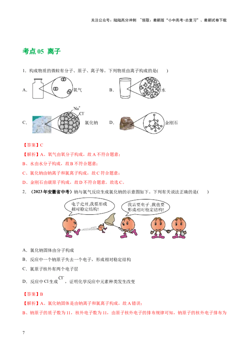 专题09构成物质的微粒元素（练习）-2024年中考化学一轮复习讲练测（全国通用）（解析版）_02中考总复习（2026版更新中）_05-化学-中考总复习_2024年中考复习资料_一轮复习资料