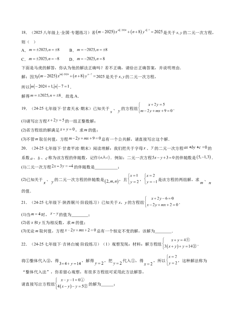 专题03二元一次方程（组）中含参数问题（5大题型）（专项训练）（学生版）_北师大初中数学_8上-北师大版初中数学_初中数学北师大8上-2025秋季新版_第二套推荐25_07习题试卷_第1套