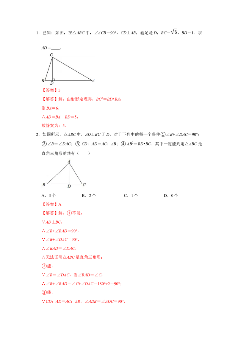 专项10相似三角形-射影定理综合应用（解析版）_北师大初中数学_9下-北师大版初中数学_06专项讲练_2022-2023学年九年级数学全册高分突破必练专题（北师大版）