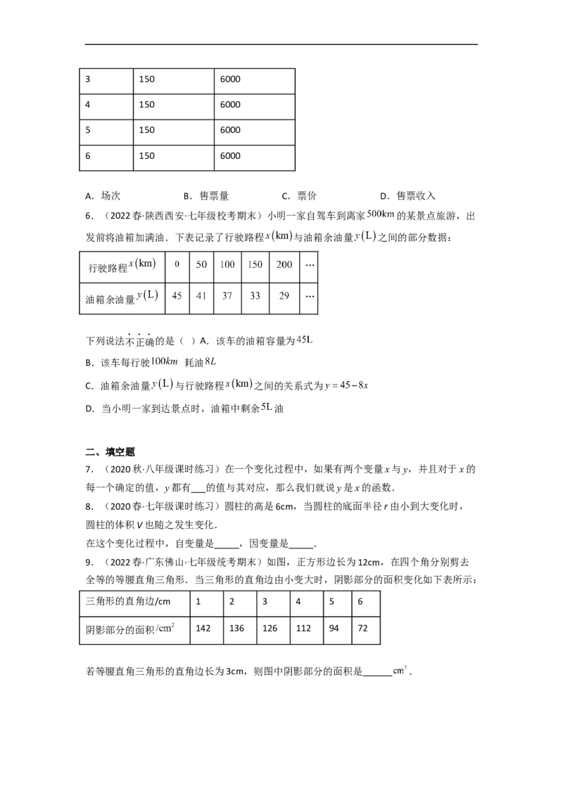 3.1用表格表示的变量间关系（分层练习）（原卷版）_北师大初中数学_7下-北师大版初中数学_7下-初中数学北师大版（旧版）赠送_05习题试卷_1课时练习_同步练习（第1套）