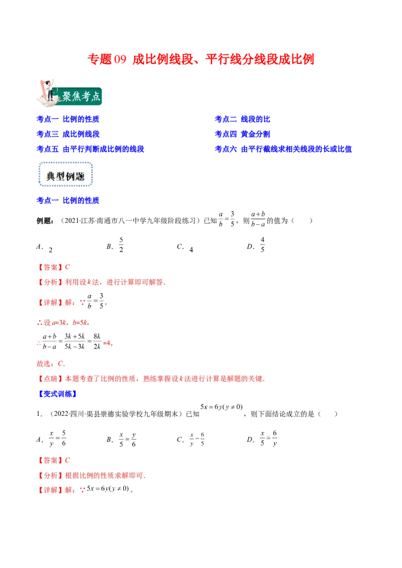 专题09成比例线段、平行线分线段成比例(解析版)_北师大初中数学_9上-北师大版初中数学_06专项讲练_学霸满分2022-2023学年九年级数学上册重难点专题提优训练（北师大版）