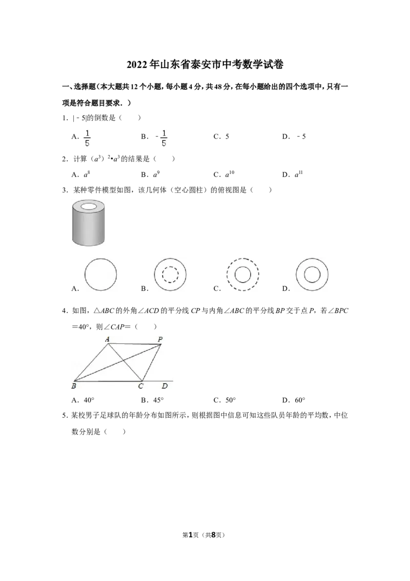 2022年山东省泰安市中考数学试卷_北师大初中数学_9下-北师大版初中数学_05习题试卷_6中考真题_2022各地中考真题