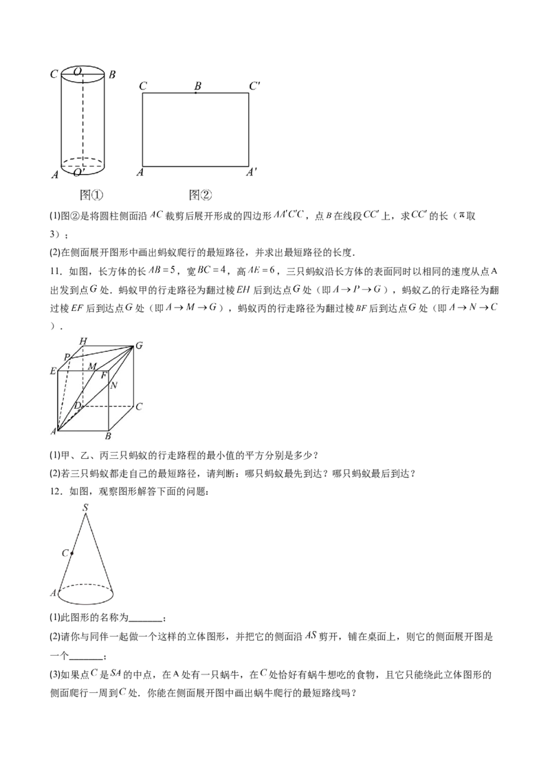 专题01利用勾股定理求最短路径问题（专项训练）（学生版）_北师大初中数学_8上-北师大版初中数学_初中数学北师大8上-2025秋季新版_第二套推荐25_07习题试卷_专项训练_第1套
