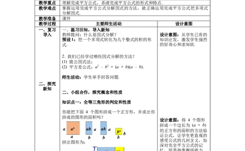 4.3第2课时完全平方公式教案_北师大初中数学_8下-北师大版初中数学_旧版-可参考_01课件+教案+学案新课标_教案_4.BS八下第四章因式分解