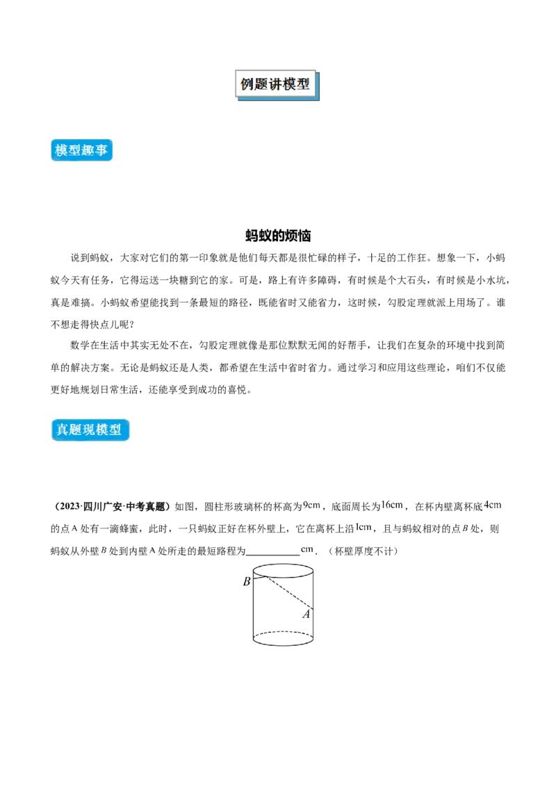 专题01勾股定理中的的最短路径模型（几何模型讲义）数学北师大版（学生版）_北师大初中数学_8上-北师大版初中数学_初中数学北师大8上-2025秋季新版_第二套推荐25_08专项讲练_2026版