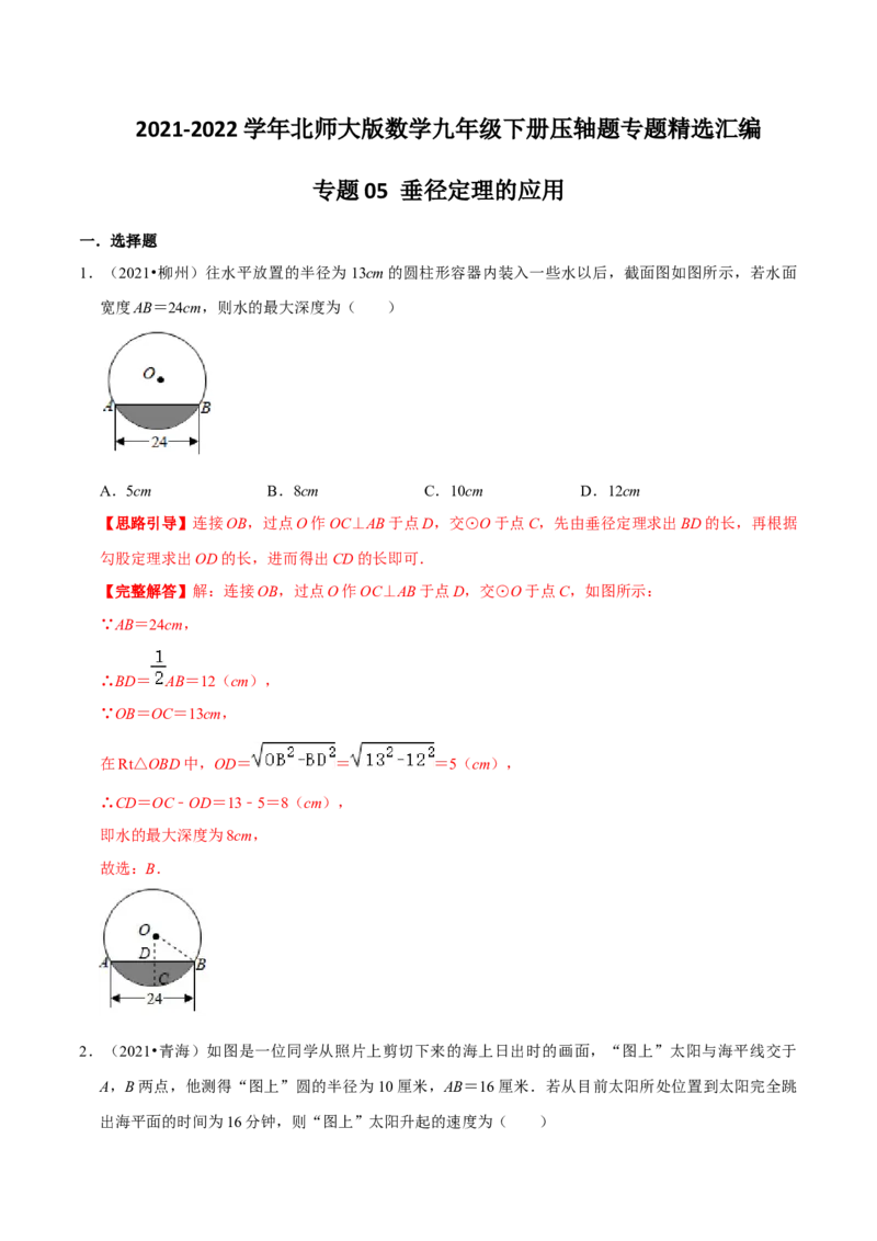 专题05垂径定理的应用（解析版）-挑战压轴题九年级数学下册压轴题专题精选汇编（北师大版）_北师大初中数学_9下-北师大版初中数学_06专项讲练