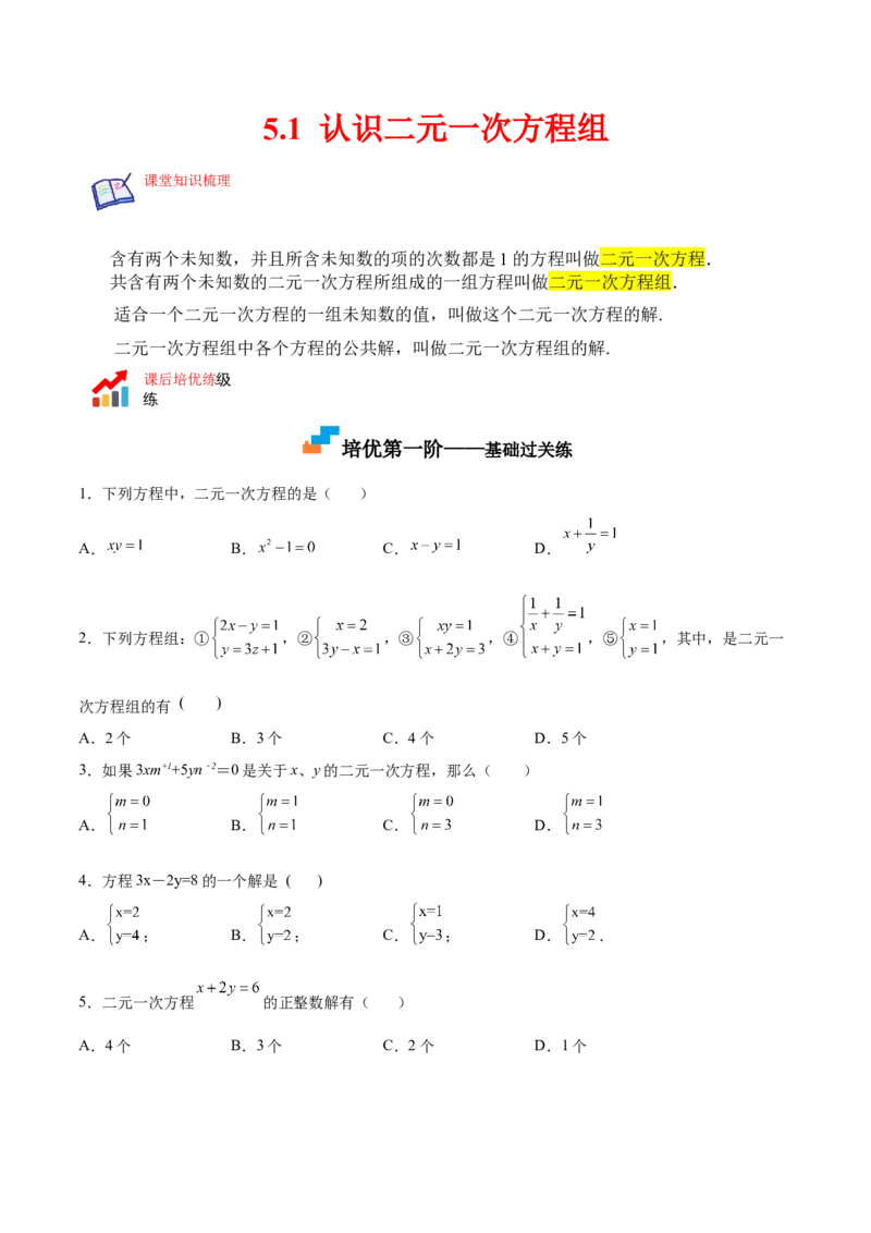 5.1认识二元一次方程组（原卷版）_北师大初中数学_8上-北师大版初中数学_旧版_05习题试卷_1课时练习_同步练习（第2套）