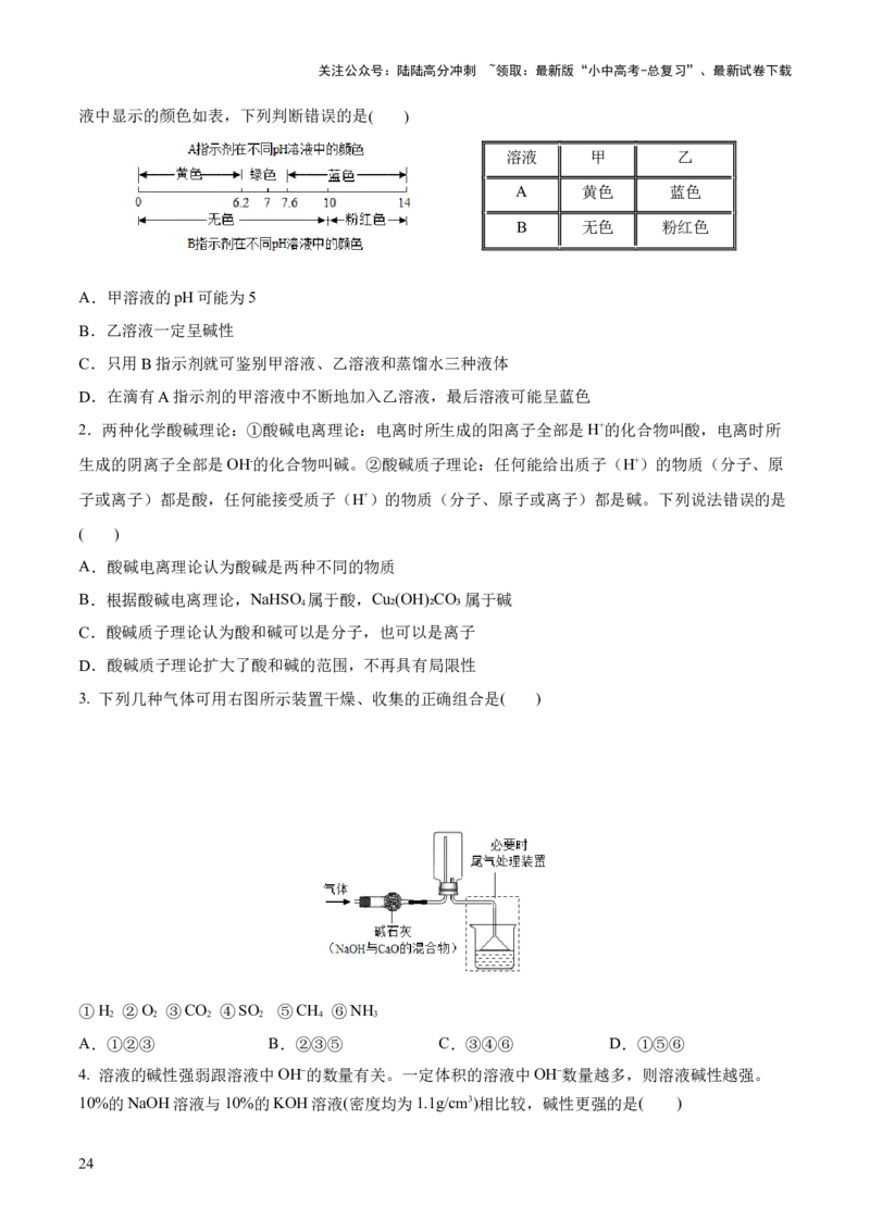 专题07常见的酸和碱（练习）-2024年中考化学一轮复习讲练测（全国通用）（原卷版）_02中考总复习（2026版更新中）_05-化学-中考总复习_2024年中考复习资料_一轮复习资料