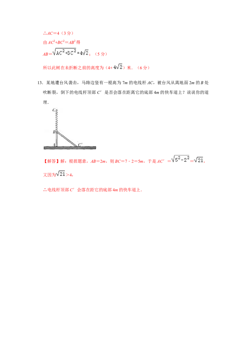 专项06勾股定理之大树折断模型综合应用（2大类型）（解析版）_北师大初中数学_8上-北师大版初中数学_旧版_06专项讲练_2022-2023学年八年级数学上册高分突破必练专题（北师大版）