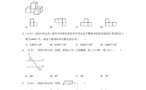 2022年四川省凉山州中考数学试卷_北师大初中数学_9下-北师大版初中数学_05习题试卷_6中考真题_2022各地中考真题
