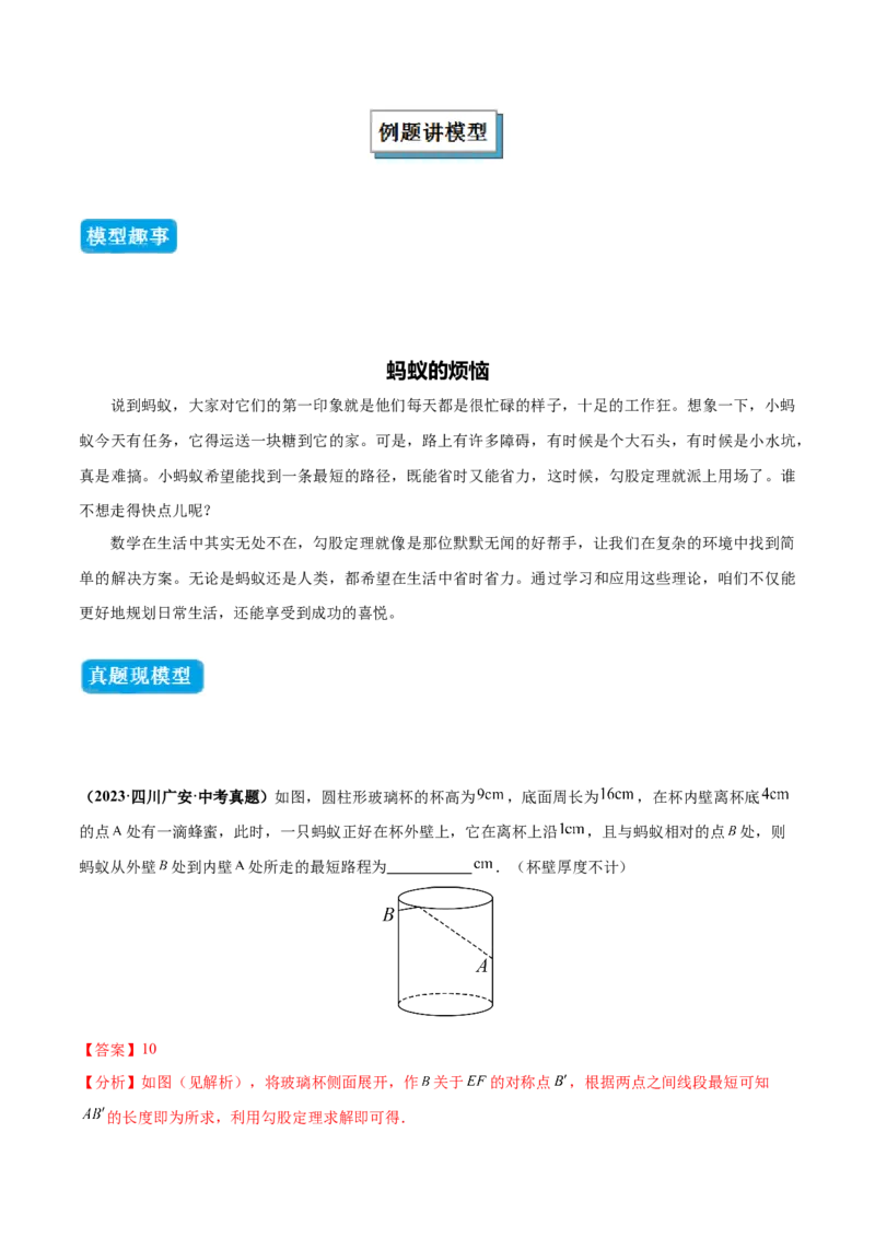 专题01勾股定理中的的最短路径模型（几何模型讲义）数学北师大版（教师版）_北师大初中数学_8上-北师大版初中数学_初中数学北师大8上-2025秋季新版_第二套推荐25_08专项讲练_2026版