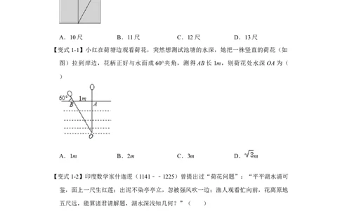专项07勾股定理之风吹荷花模型综合应用（2大类型）（原卷版）_北师大初中数学_8上-北师大版初中数学_旧版_06专项讲练_2022-2023学年八年级数学上册高分突破必练专题（北师大版）