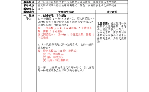 2.3确定二次函数的表达式教案_北师大初中数学_9下-北师大版初中数学_01课件+教案+学案新课标_教案_2.BS九下第二章二次函数