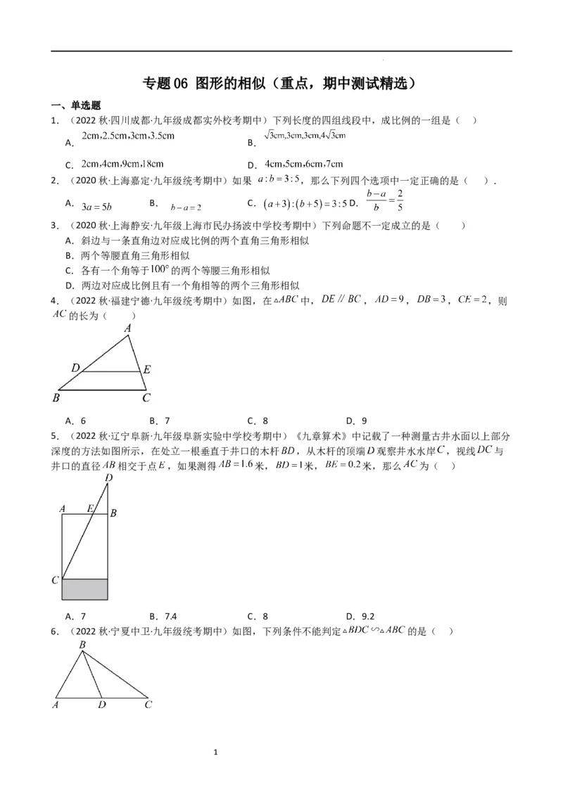 专题06图形的相似（重点，期中测试精选）（原卷版）_北师大初中数学_9上-北师大版初中数学_05习题试卷_5专项练习