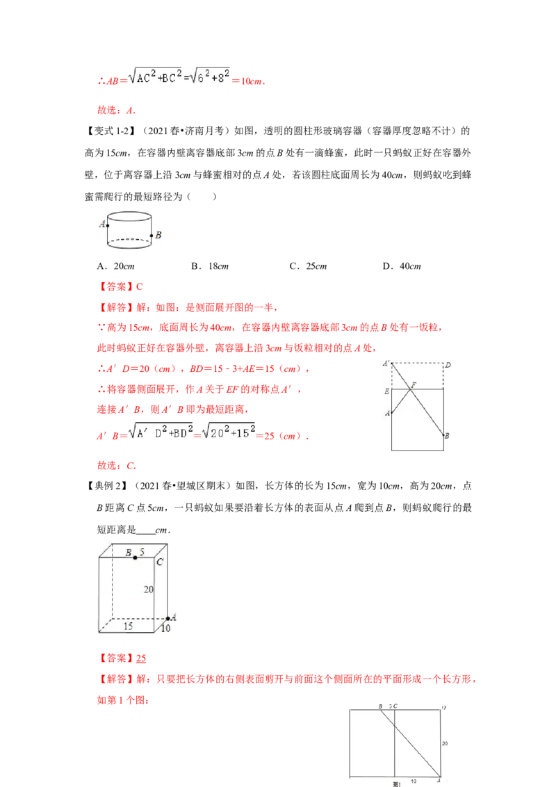 专项09勾股定理之蚂蚁行程模型综合应用（3大类型）（解析版）_北师大初中数学_8上-北师大版初中数学_旧版_06专项讲练_2022-2023学年八年级数学上册高分突破必练专题（北师大版）