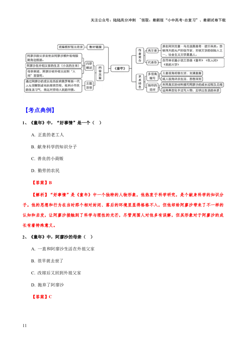 专题28《童年》（知识梳理+练习）(解析版）_02中考总复习（2026版更新中）_01-语文-中考总复习_2025年中考资料_备战2025年中考语文一轮复习考点突破（全国通用）