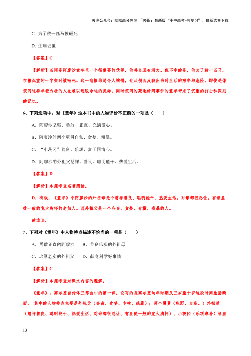 专题28《童年》（知识梳理+练习）(解析版）_02中考总复习（2026版更新中）_01-语文-中考总复习_2025年中考资料_备战2025年中考语文一轮复习考点突破（全国通用）