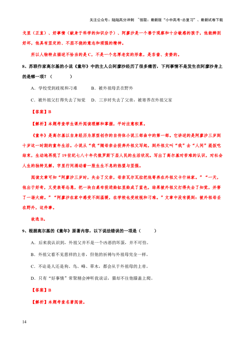 专题28《童年》（知识梳理+练习）(解析版）_02中考总复习（2026版更新中）_01-语文-中考总复习_2025年中考资料_备战2025年中考语文一轮复习考点突破（全国通用）