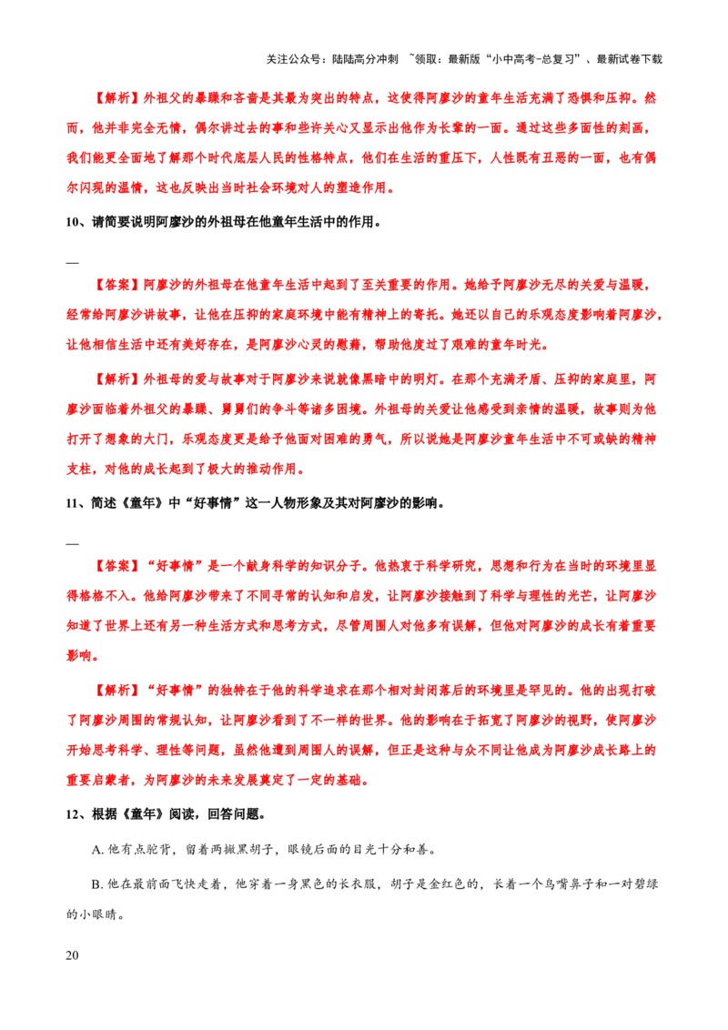 专题28《童年》（知识梳理+练习）(解析版）_02中考总复习（2026版更新中）_01-语文-中考总复习_2025年中考资料_备战2025年中考语文一轮复习考点突破（全国通用）