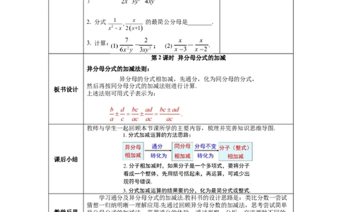 5.3第2课时异分母的加减_北师大初中数学_8下-北师大版初中数学_旧版-可参考_01课件+教案+学案新课标_教案_5.BS八下第五章分式与分式方程