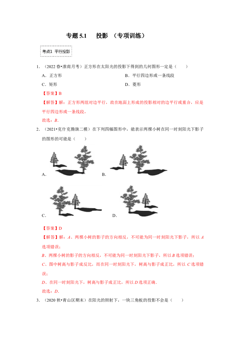 专题5.1投影（专项训练）（解析版）_北师大初中数学_9上-北师大版初中数学_06专项讲练_2022-2023学年九年级数学上册《同步考点解读&bull;专题训练》（北师大版）