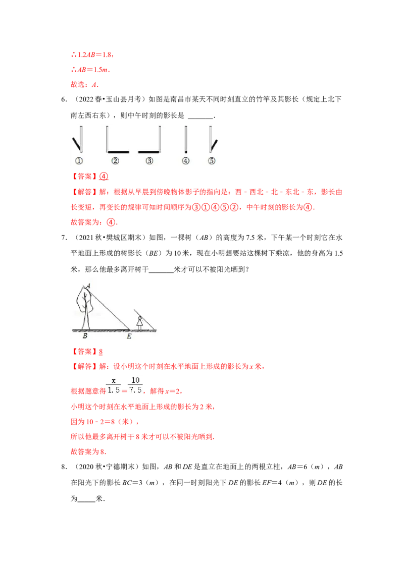 专题5.1投影（专项训练）（解析版）_北师大初中数学_9上-北师大版初中数学_06专项讲练_2022-2023学年九年级数学上册《同步考点解读&bull;专题训练》（北师大版）