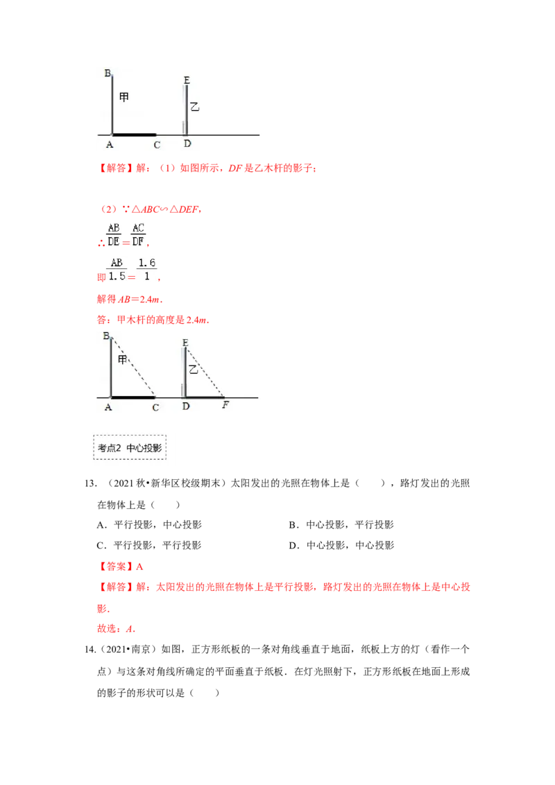 专题5.1投影（专项训练）（解析版）_北师大初中数学_9上-北师大版初中数学_06专项讲练_2022-2023学年九年级数学上册《同步考点解读&bull;专题训练》（北师大版）