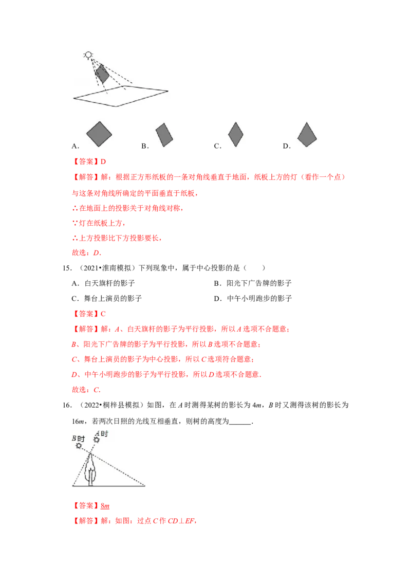 专题5.1投影（专项训练）（解析版）_北师大初中数学_9上-北师大版初中数学_06专项讲练_2022-2023学年九年级数学上册《同步考点解读&bull;专题训练》（北师大版）